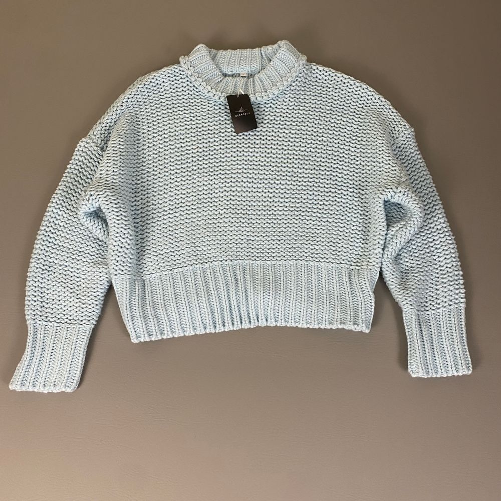 DeepSelf Light Blue Chunky Knit Cropped Sweater Mock Neck Women's Large NWT